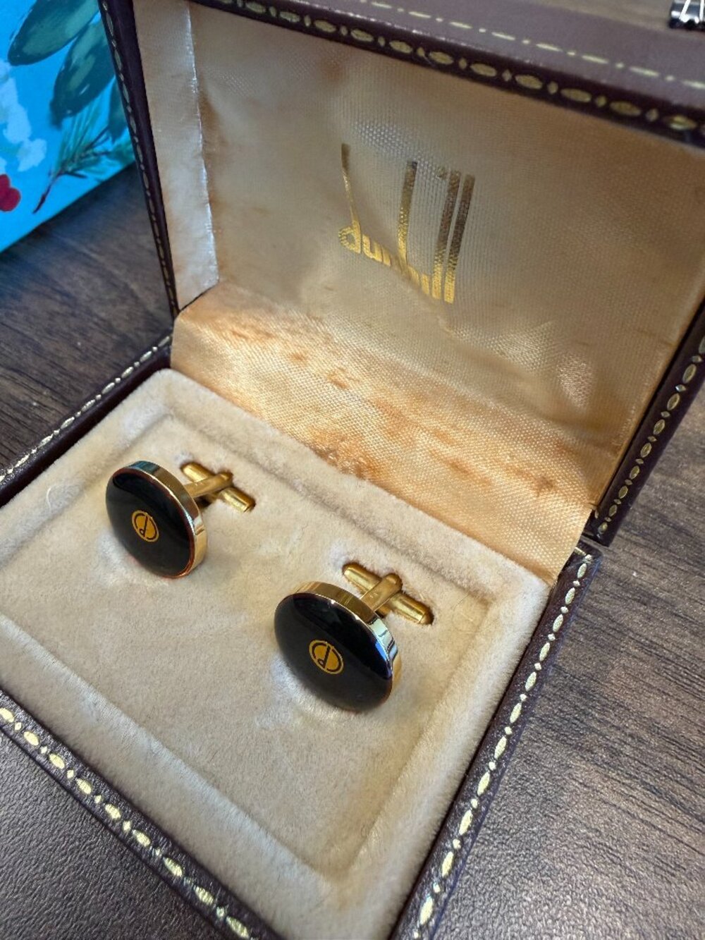 Vintage DUNHILL Gold-Tone Cufflinks w Black Onyx-Style w Signature Gold D Logo